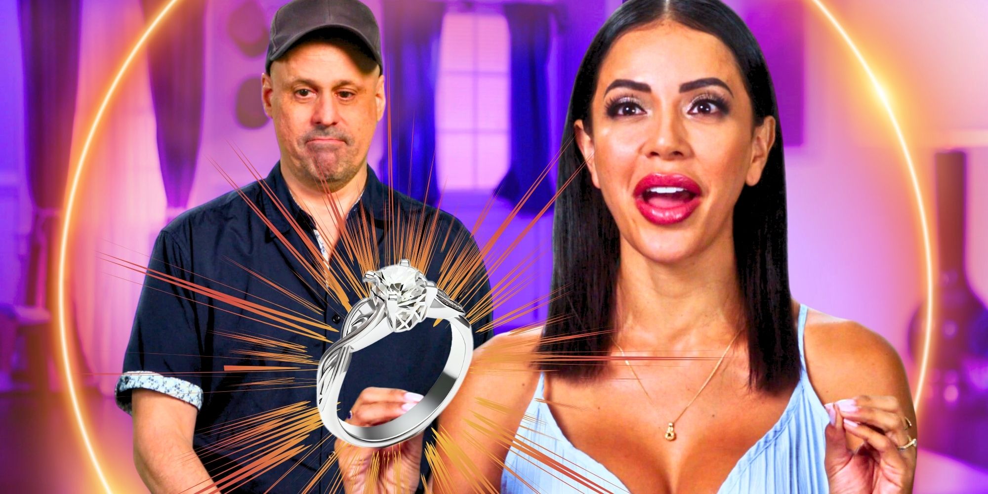 90 Day Fiancé’s Gino Palazzolo looks somber and Jasmine Pineda looks surprised, with a giant ring.