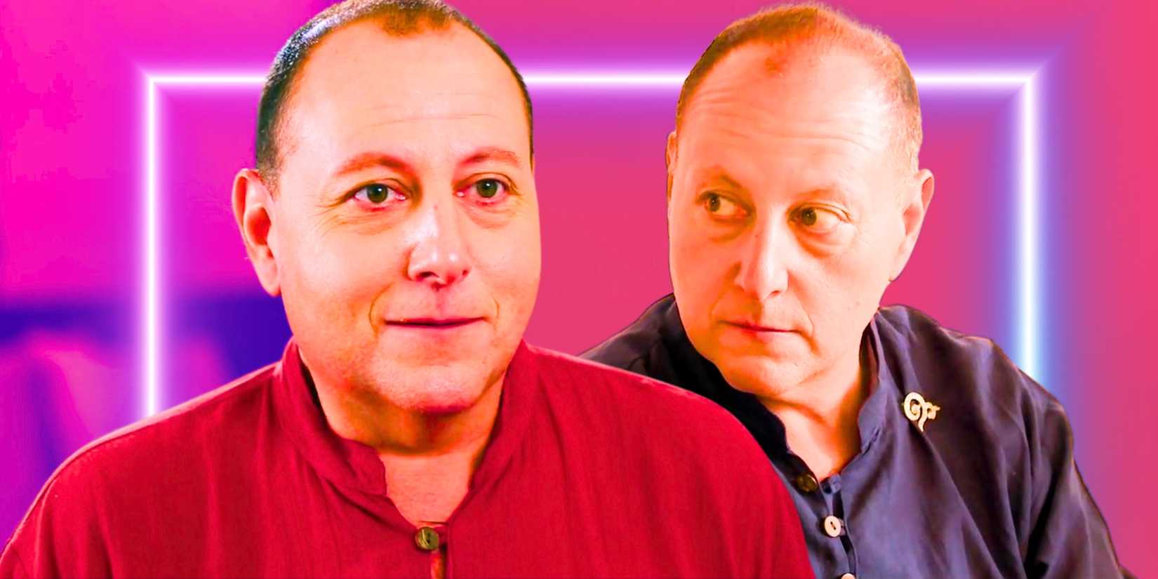 90 Day Fiancé David Toborowsky in red shirt smiling and looking scared and slimmer in purple shirt behind