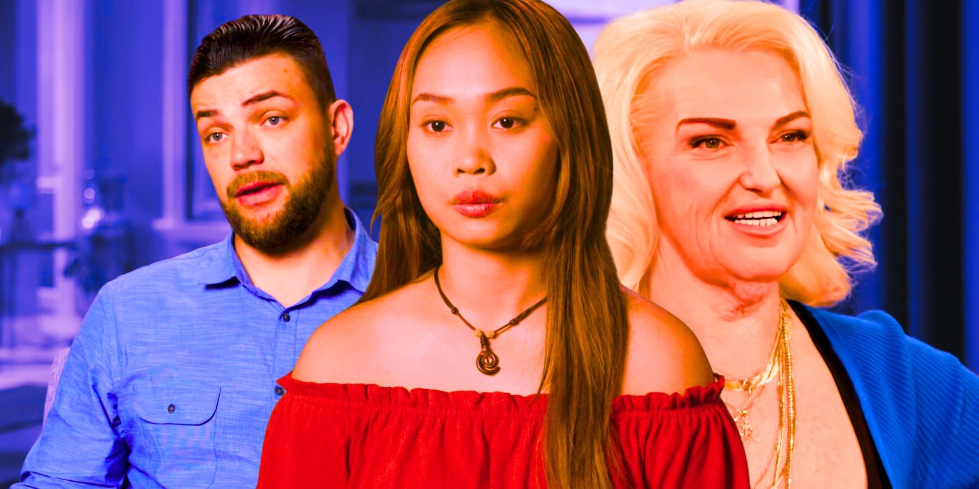 90 Day Fiance Andrei, Mary and Angela in side by side images with purple backdrop