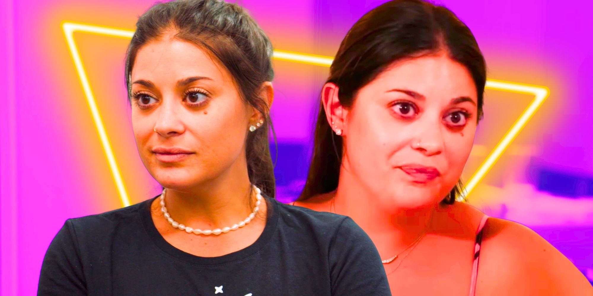 90 Day Fiance Loren Brovarnik in side by side pictures looking to the side with pink and neon background