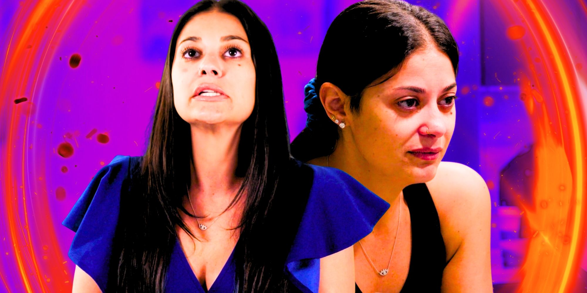 Loren Brovarnik from '90 Day Fiance' looks stressed in side-by-side photos with purple and orange neon backgrounds