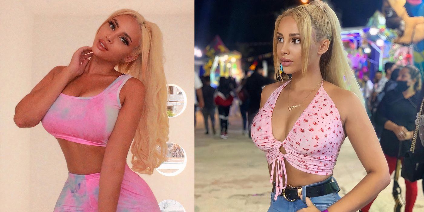 90 Day Fiance Sophie Sierra in side by side images with her wearing a pink top and flaunting blonde hair in a ponytail