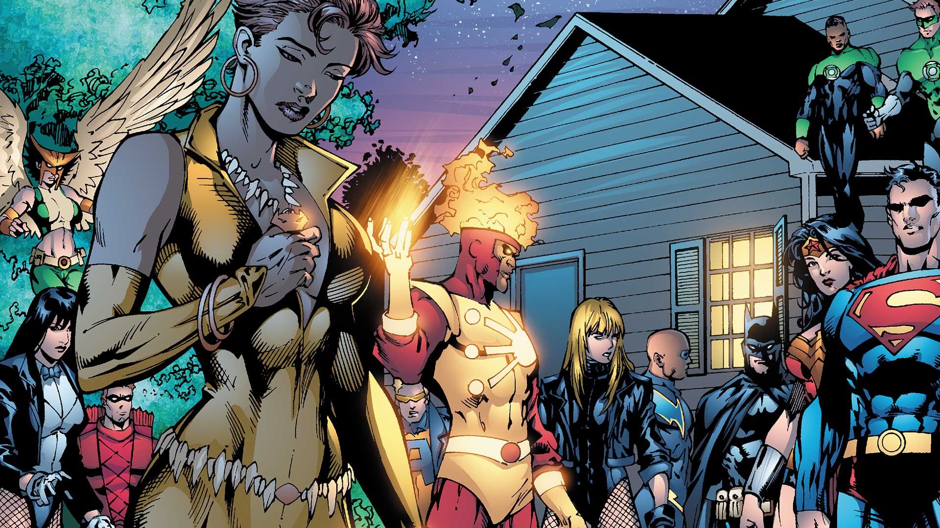 Vixen and the Justice League Of America assembled together in front of a suburban home.