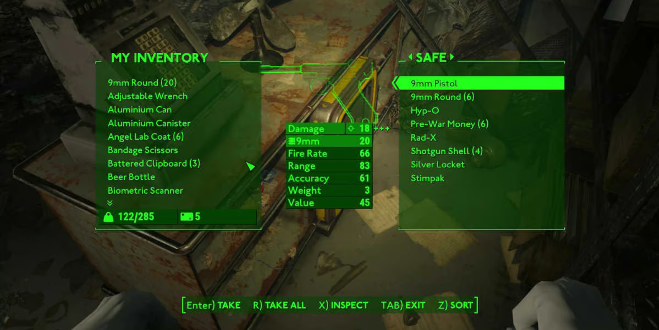 Pistola 9mm no menu de saque de Fallout London