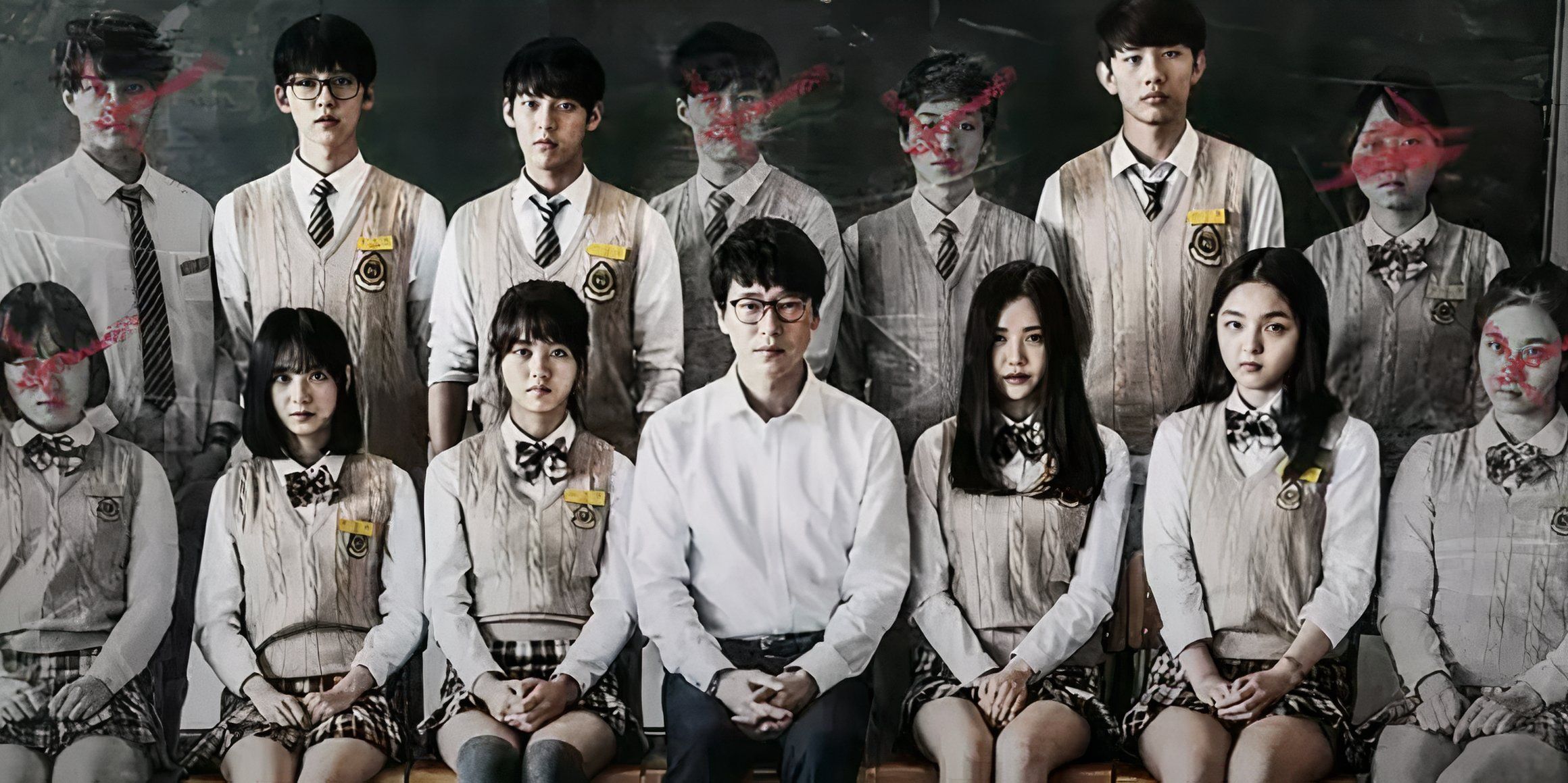 A class photo from the K-drama Nightmare High School features several students with red xs over their faces