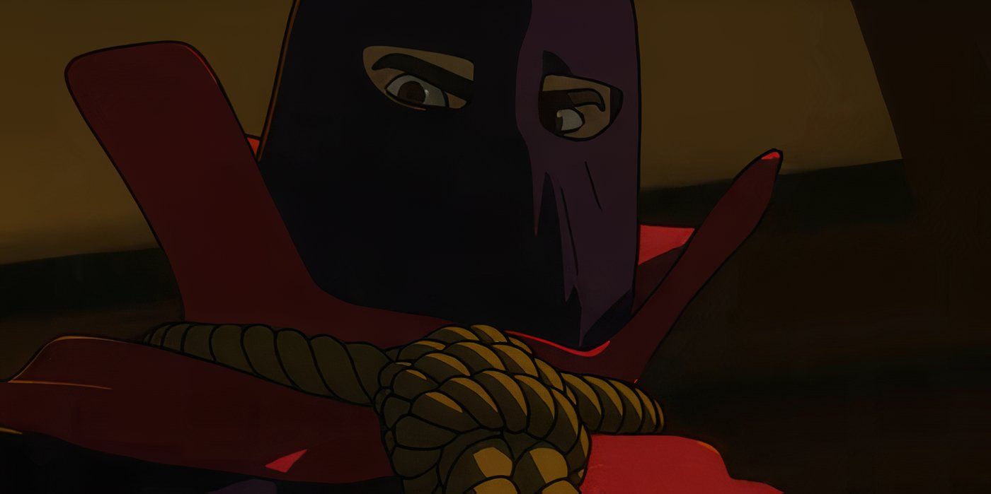 A close up image of Hooded Justice in Watchmen