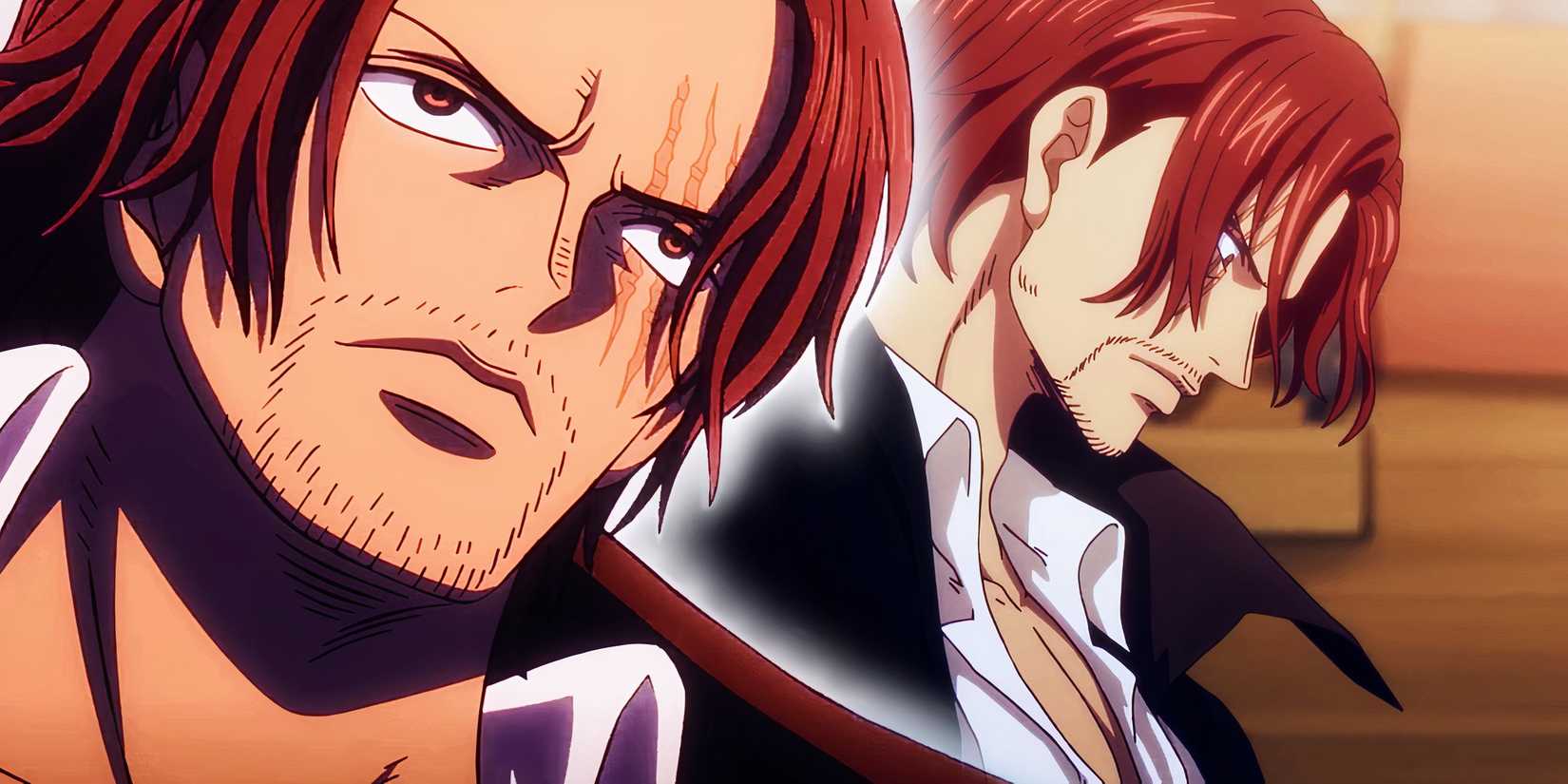 a close up of shanks looking serious in one piece with a side profile of shanks in the background