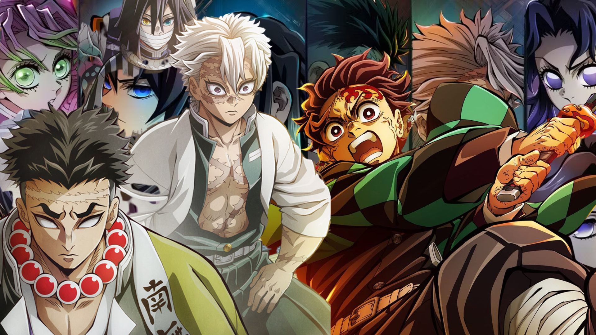 A collage-type image of multiple demon slayer posters that feature Tanjiro on the right and other Hashiras on the left