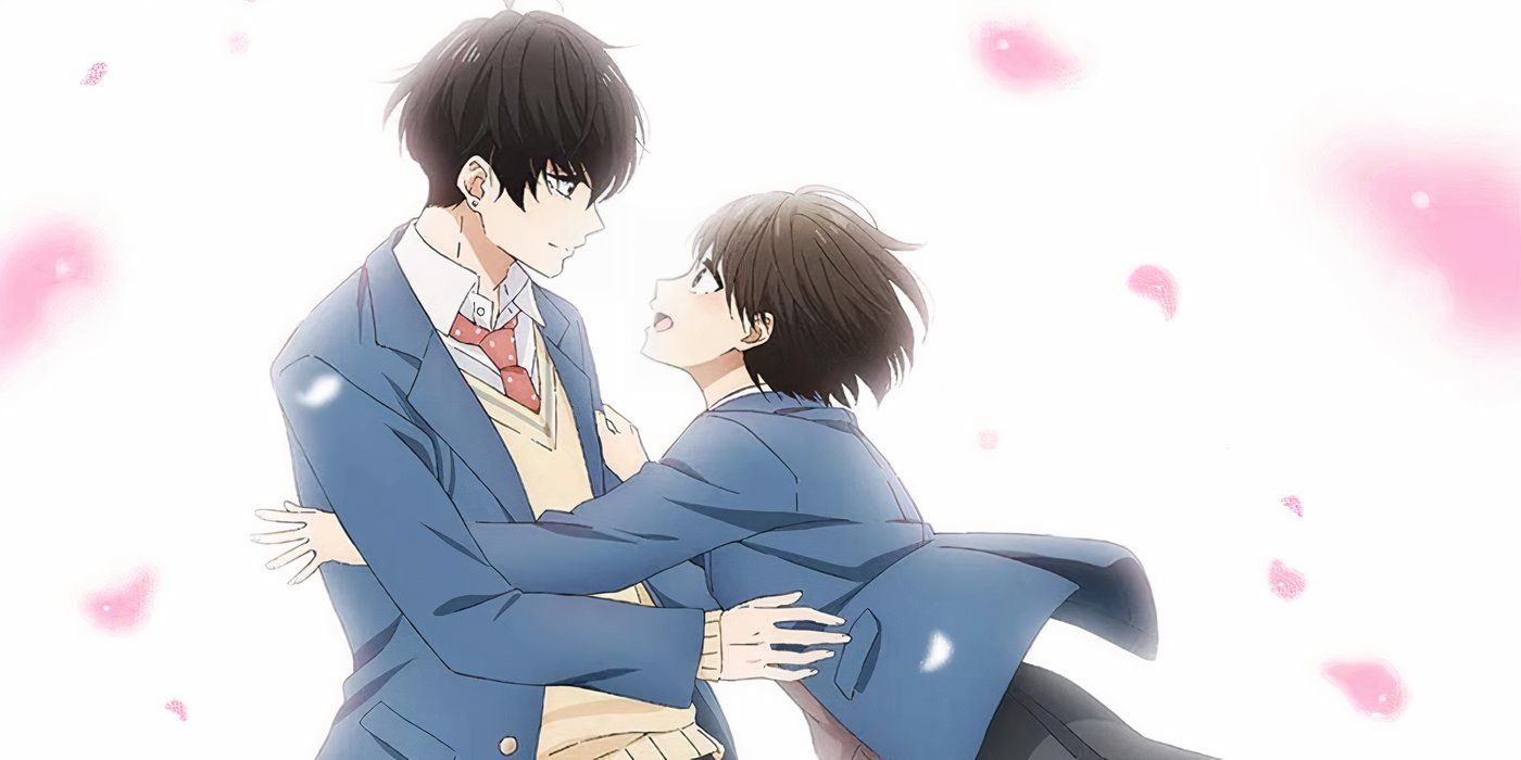 Hotaru Shinu jumps into Hananoi-kun’s arms as petals fall around them