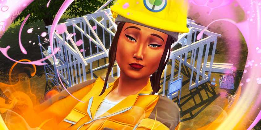 A construction worker from the Sims 4 with a building