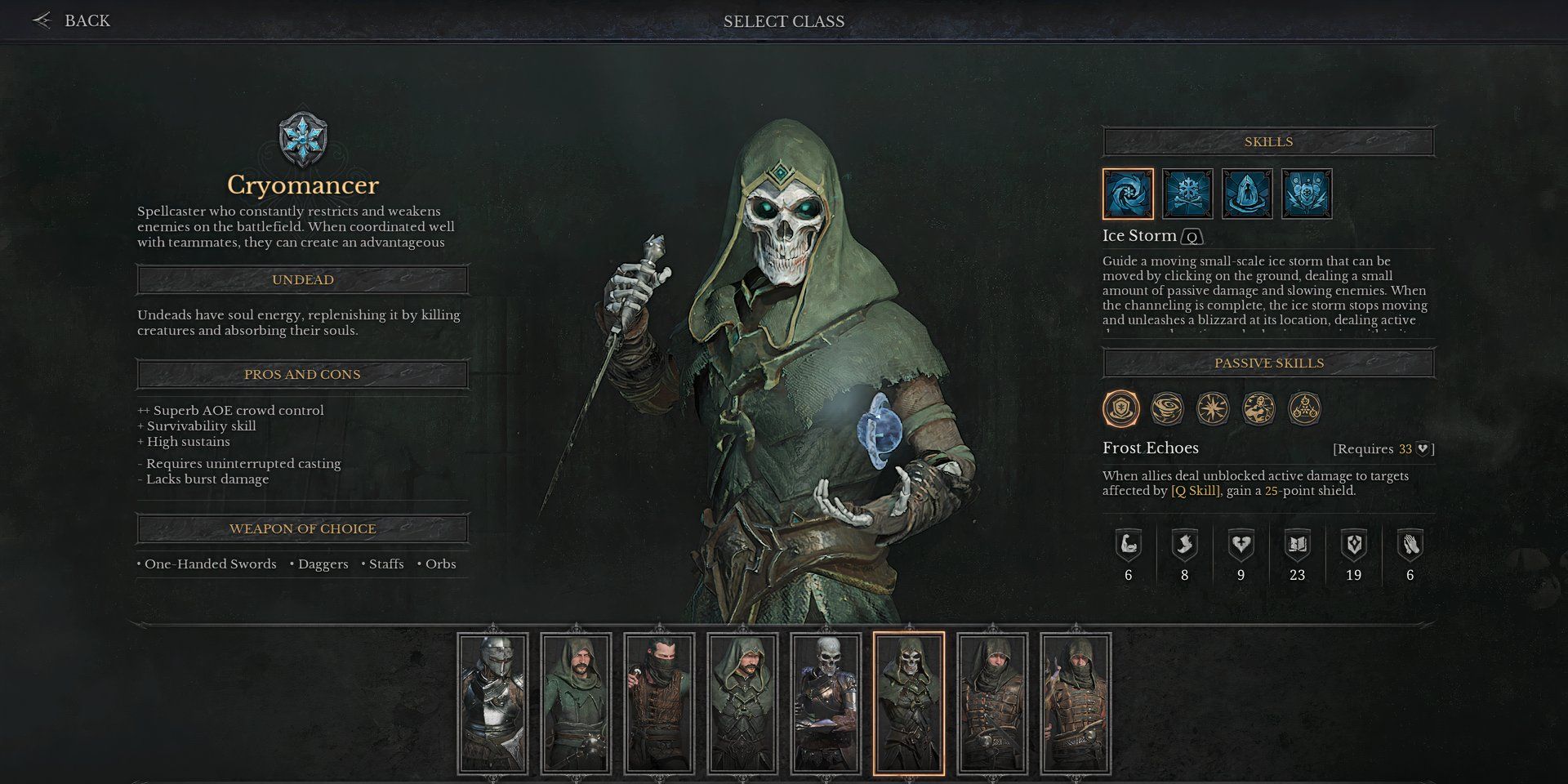 Um Cryomancer na tela de seleção de personagem de Dungeonborne, um esqueleto em uma túnica verde, segurando uma adaga e um orbe flutuante.