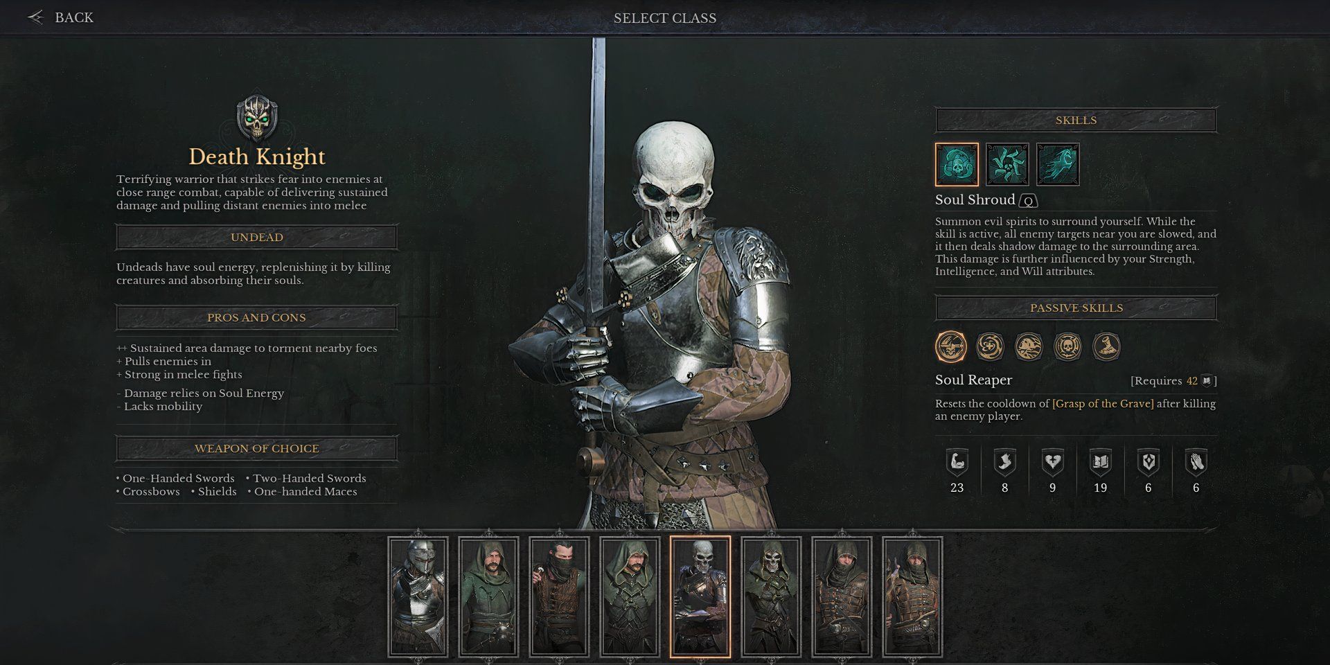 Um Cavaleiro da Morte na tela de seleção de personagens de Dungeonborne, um esqueleto com meia armadura e carregando uma espada de duas mãos.