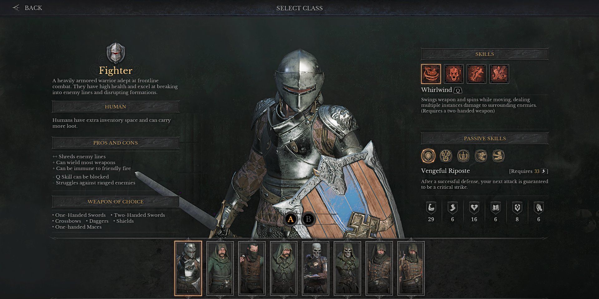 Um lutador na tela de seleção de personagens de Dungeonborne, um cavaleiro fortemente armado, empunhando espada e escudo.