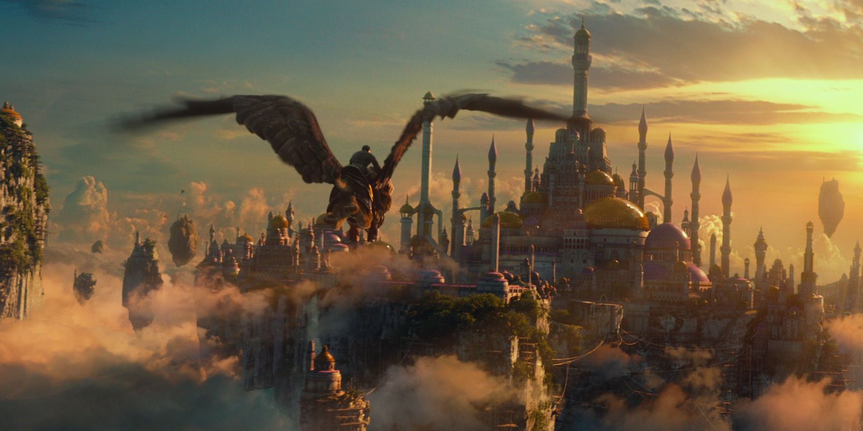 Um pássaro gigante voando sobre o reino no filme Warcraft