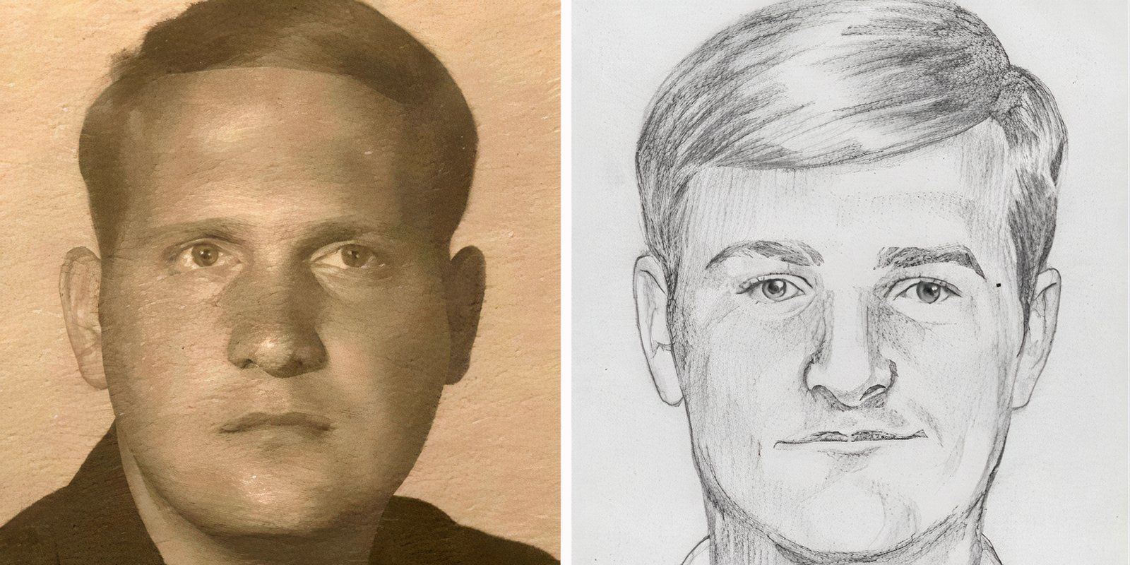 A photograph of Joseph James DeAngelo while in the military alongside a sketch of a murder suspect