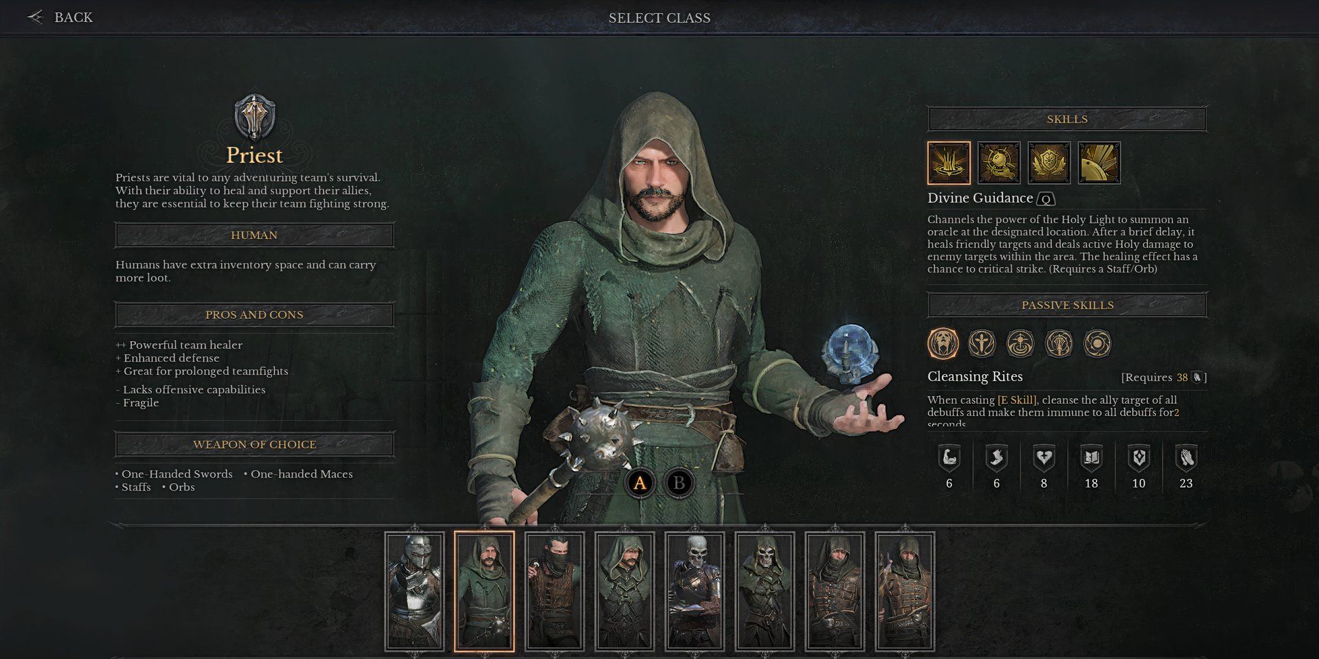 Um padre na tela de seleção de personagens de Dungeonborne, um humano segurando um orbe em uma mão e uma maça na outra.