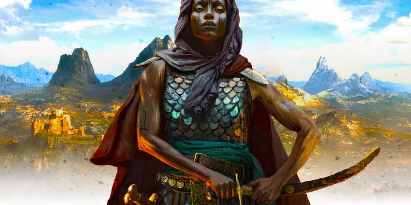 A redguard with a still from the Elder Scrolls 6 game.