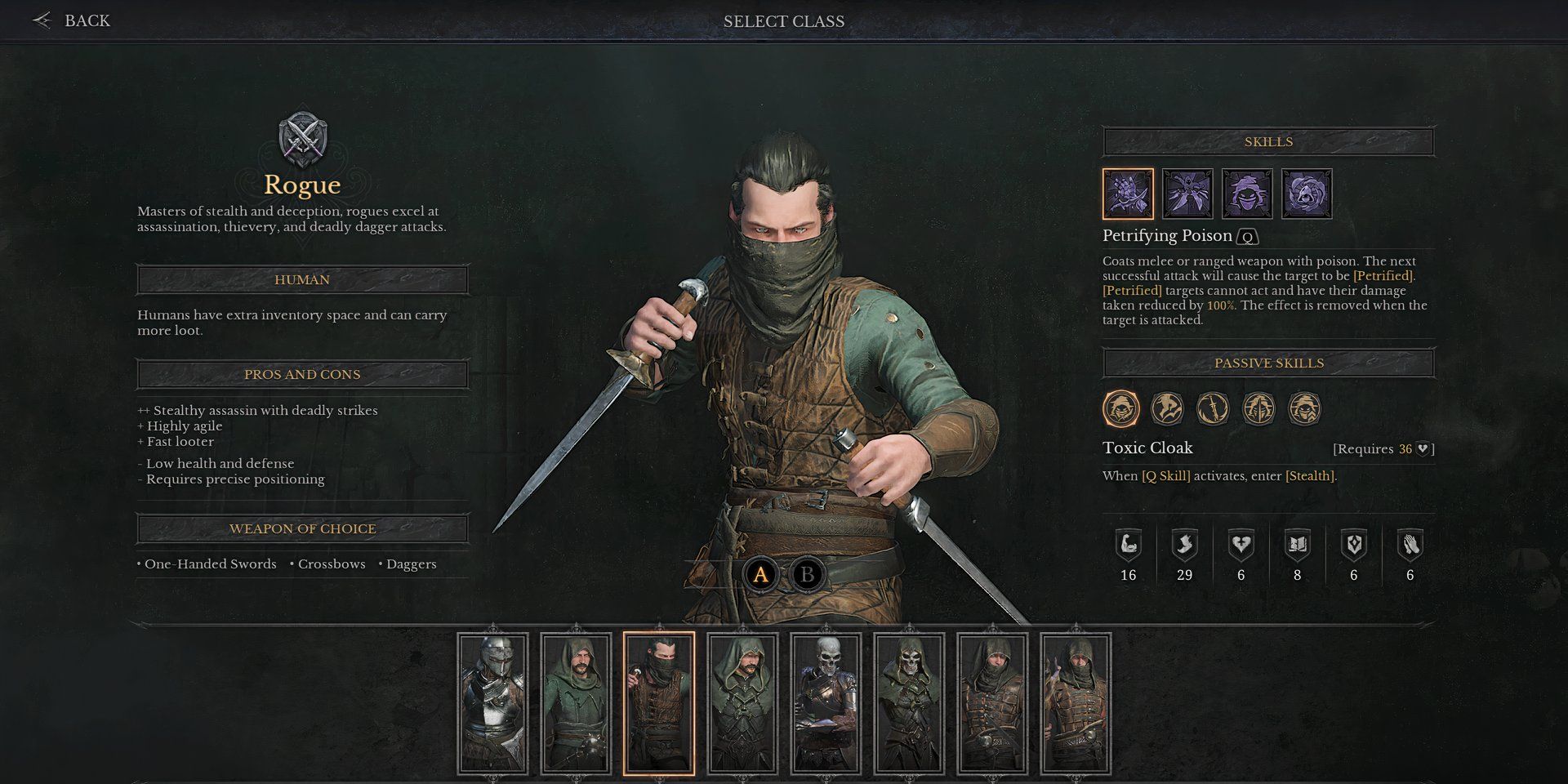Um ladino na tela de seleção de personagens de Dungeonborne, um homem com uma bandana cobrindo a metade inferior do rosto, segurando uma adaga em cada mão.