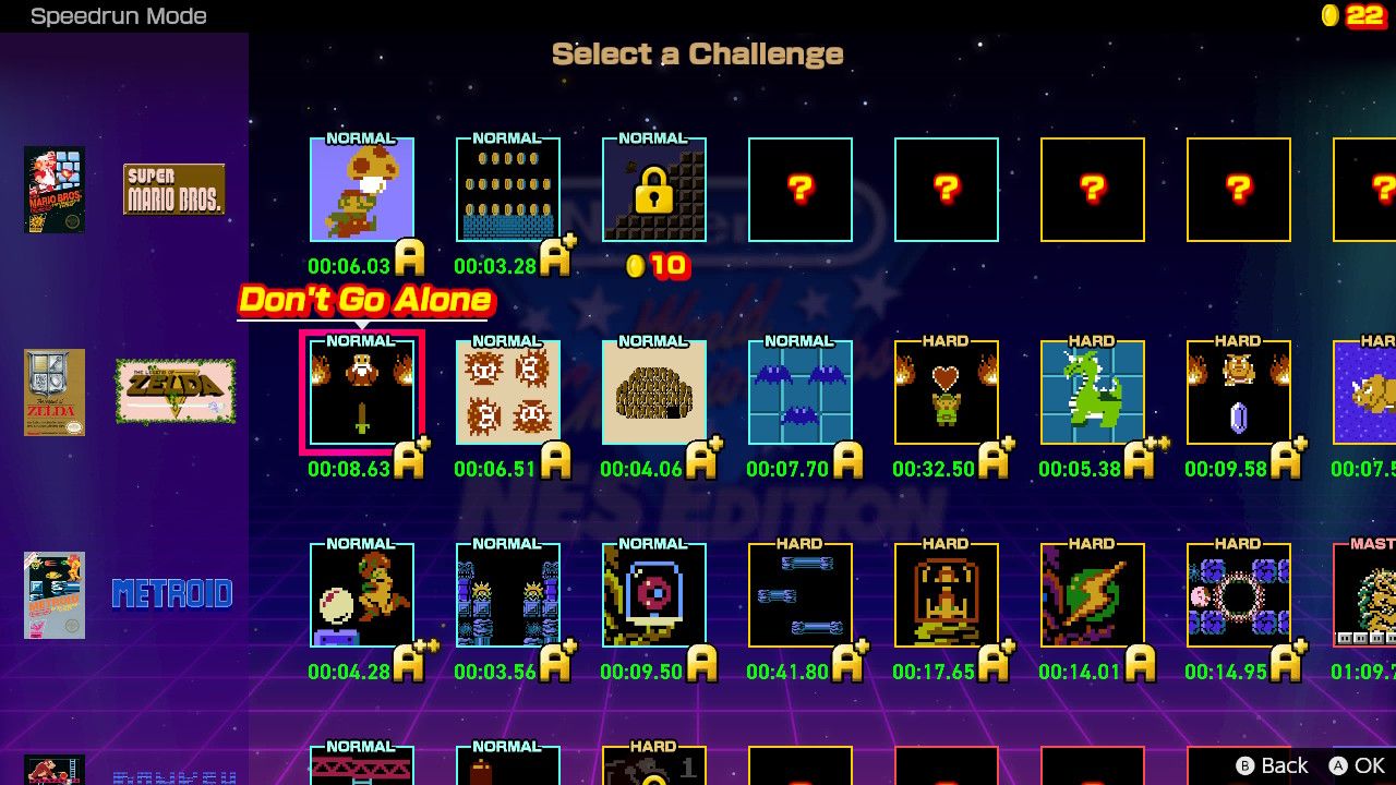 A screen showing some of the challenges in Nintendo World Championships: NES Edition