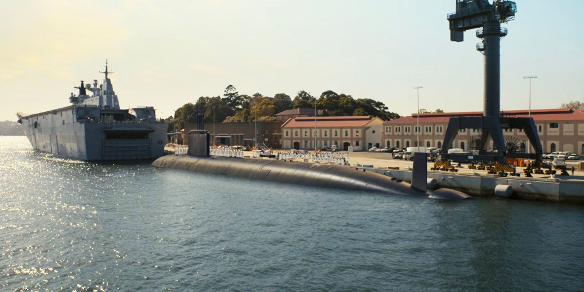 A ship and a submarine in Sydney Harbor in NCIS Sydney-1