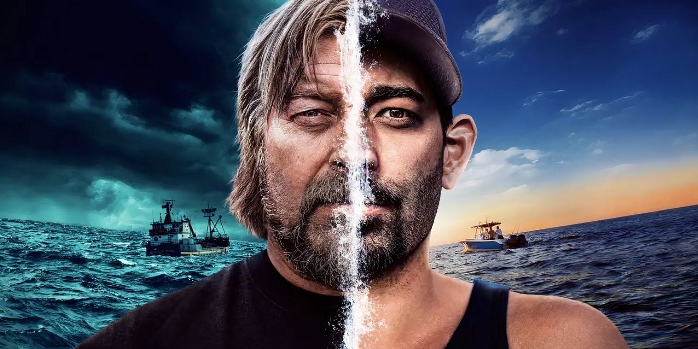 Uma imagem dividida de metade do rosto de Phil Harris e metade do rosto de Josh Harris em Deadliest Catch Bloodline.