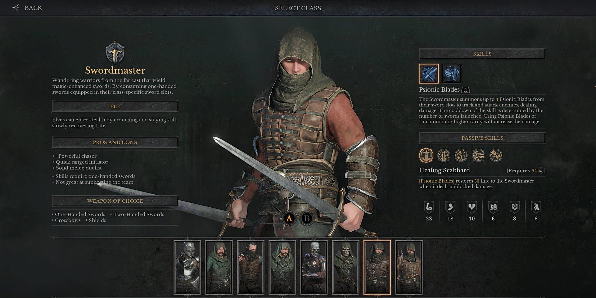 Um Mestre Espadachim na tela de seleção de personagens de Dungeonborne, um homem élfico com um colete levemente blindado e uma túnica verde, segurando uma espada em cada mão.