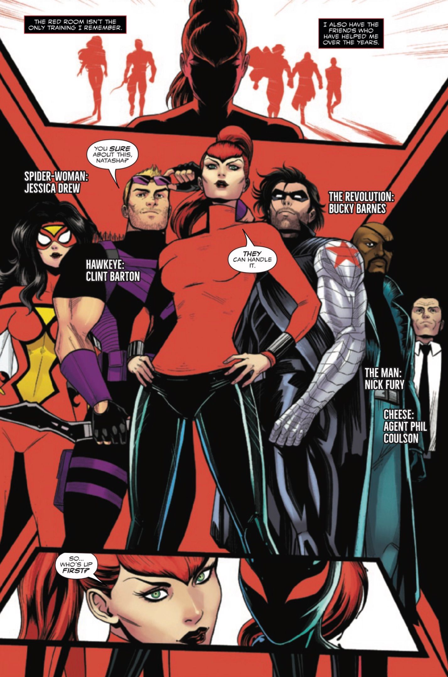 Viúva Negra: Venomous #1 Natasha treina Sliver com Gavião Arqueiro, Soldado Invernal, Fury, Coulson e Mulher-Aranha.