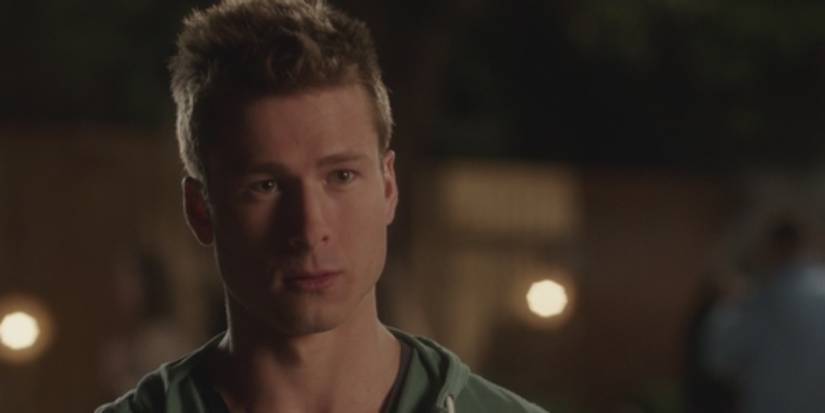 Glen Powell looking concerned in Stuck In Love