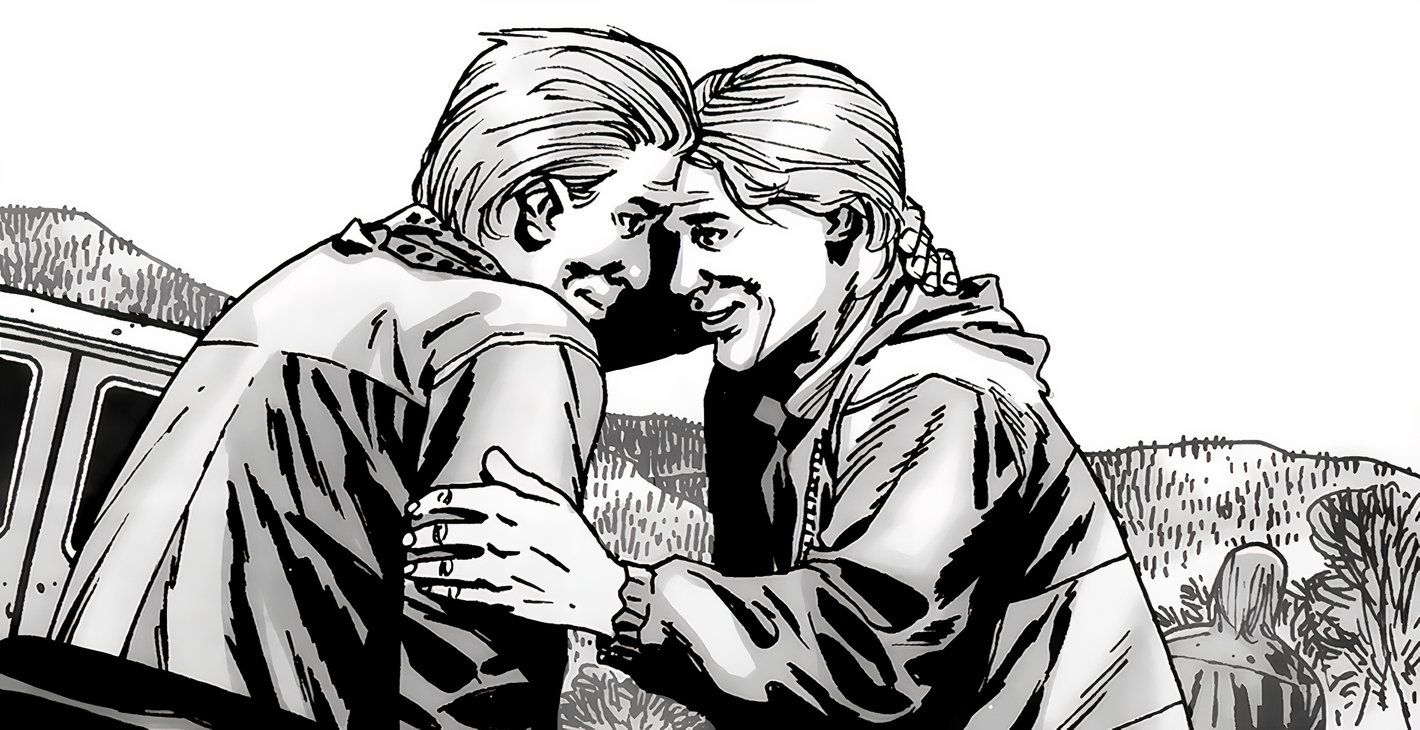 Aaron and Eric touch their foreheads together and share a smile, in The Walking Dead comic.