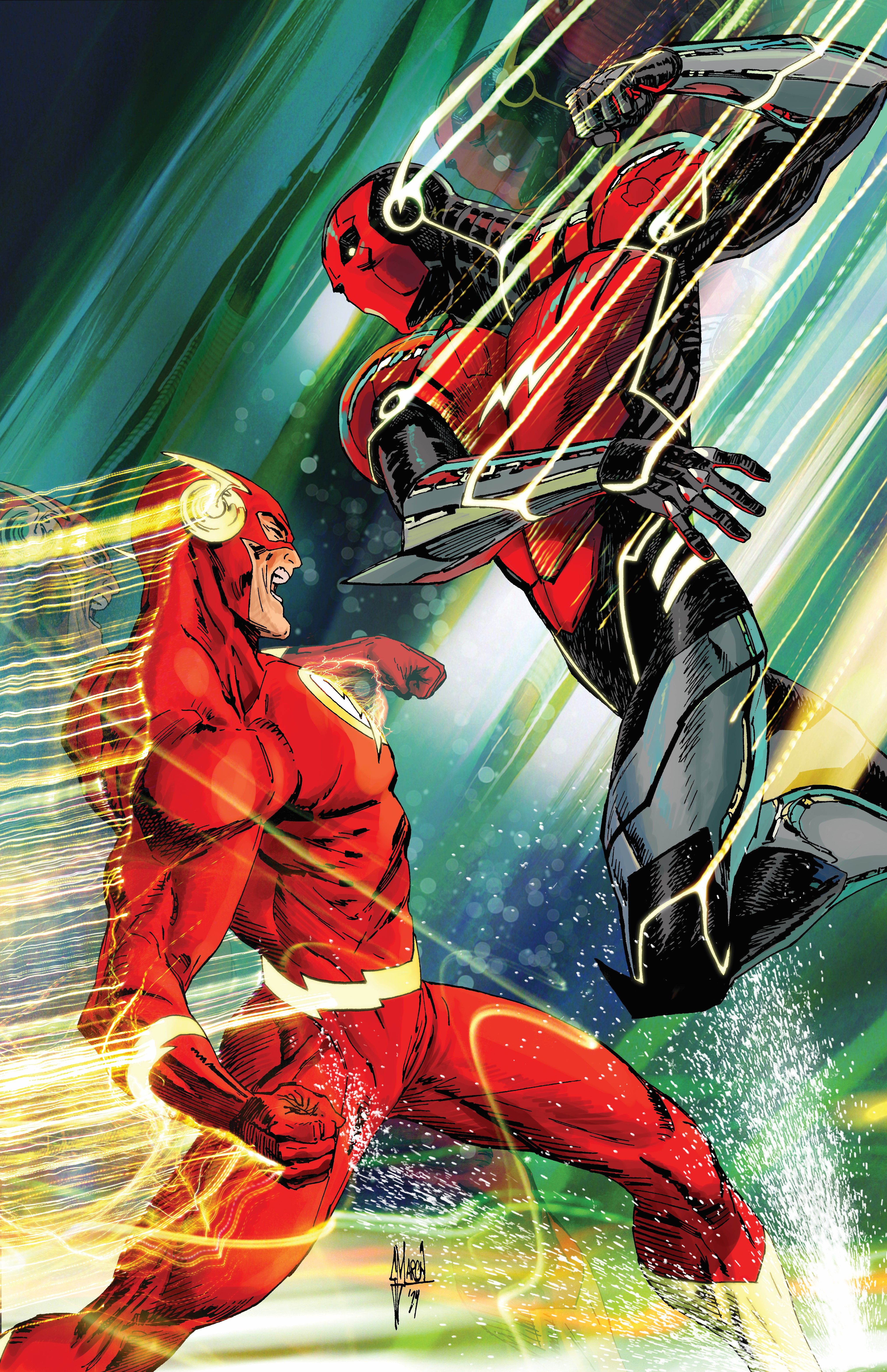 Capa da variante de março do Absolute Power 4: o Flash luta contra um Amazo.