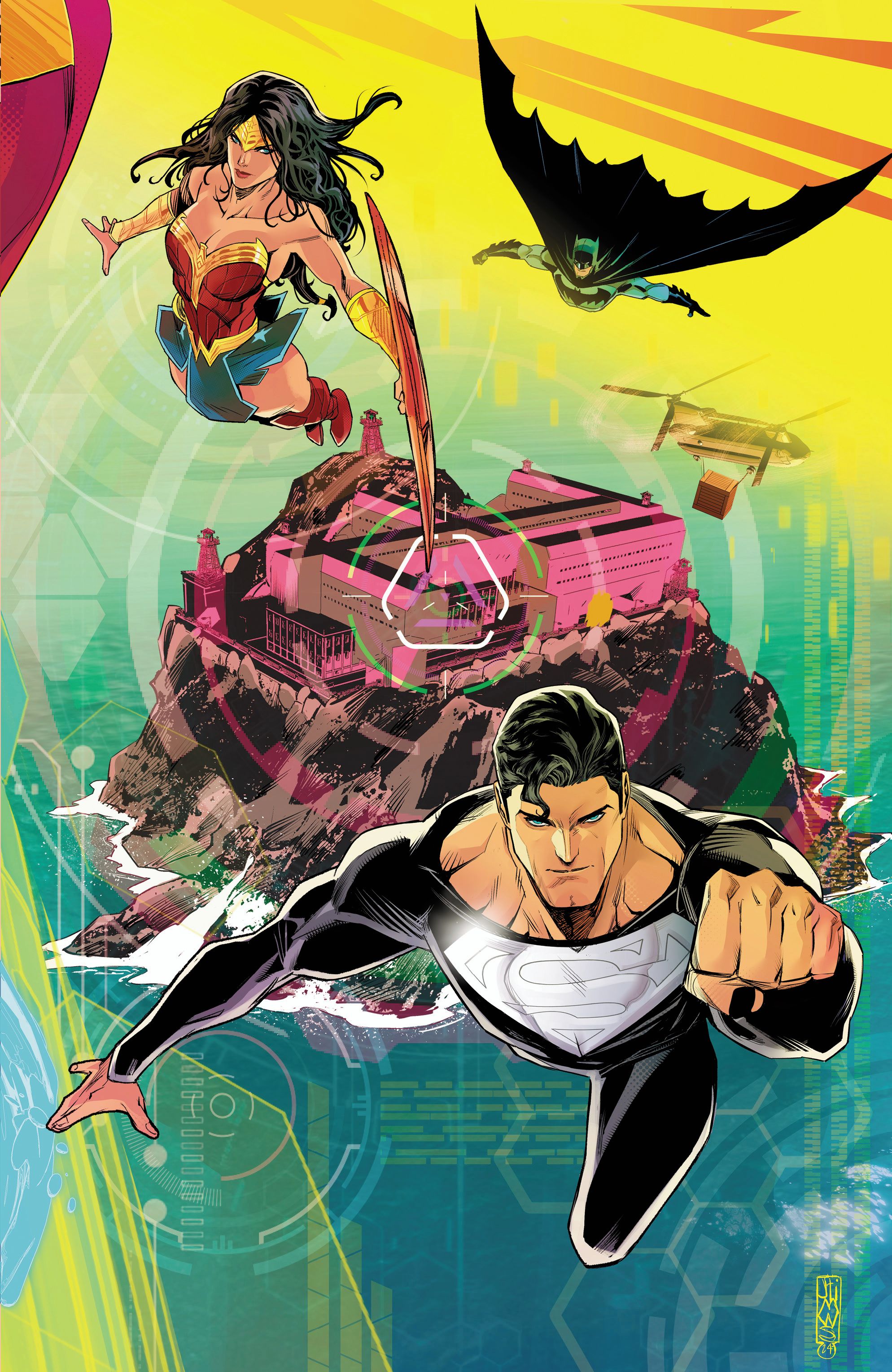 Absolute Power 4 Timms Variant Cover: Superman, Wonder Woman, and Batman fly away from a prison.