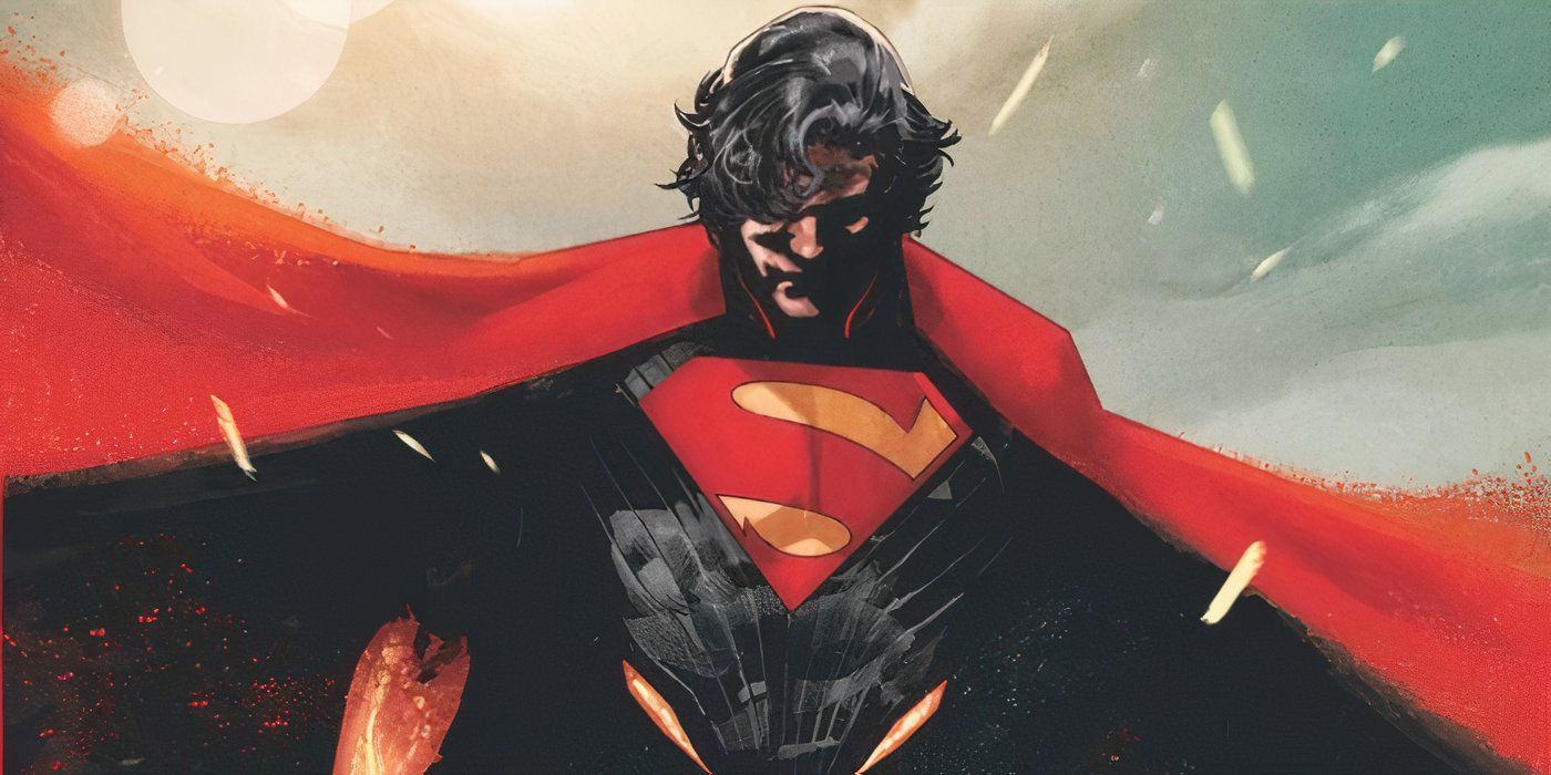 Arte del cómic: The Ultimate Superman da un paso adelante mientras su capa gira dramáticamente.