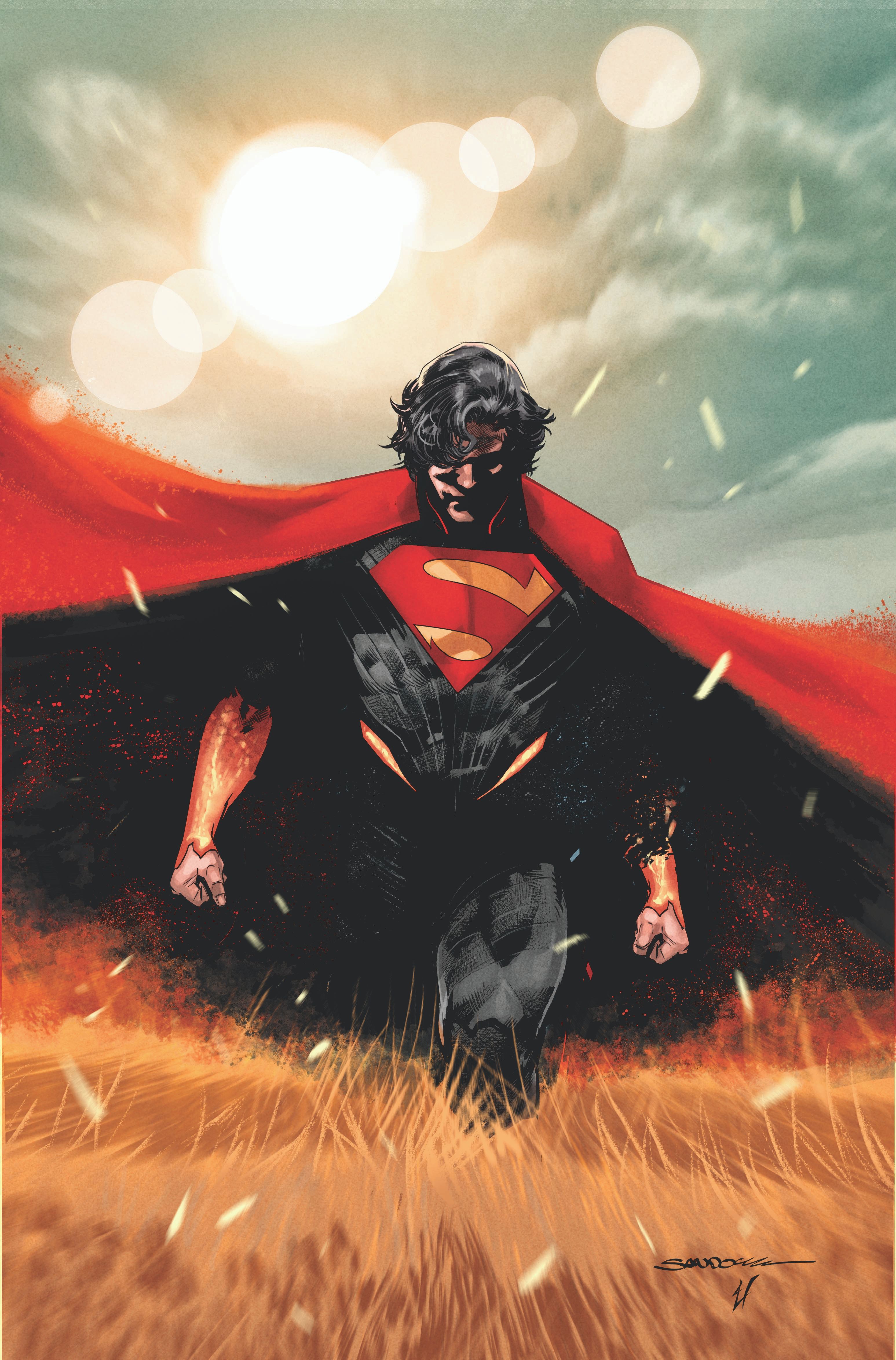 Capa principal do Absolute Superman 1: Superman com cabelo comprido caminha por um campo.