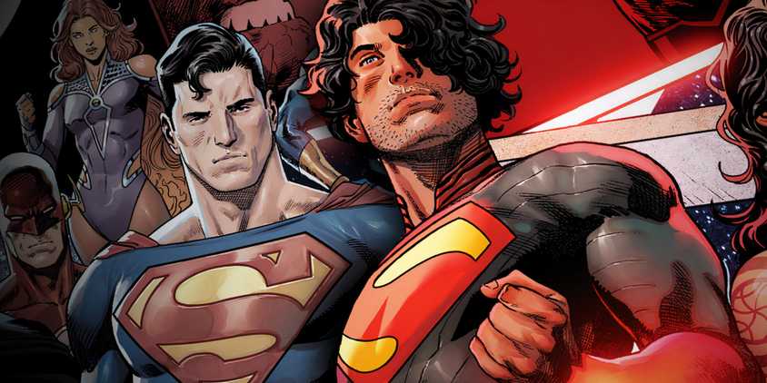 Comic book art: Absolute Superman poses in front of DC Universe Superman.