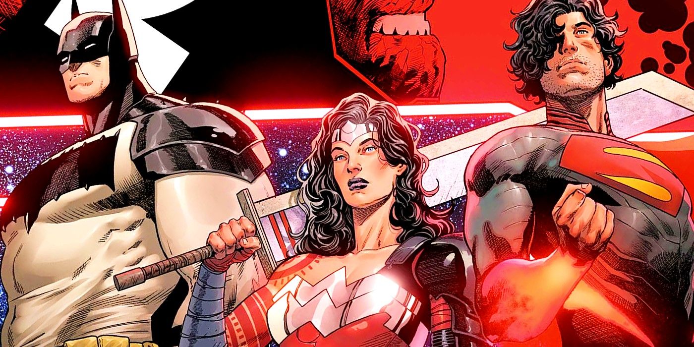 Comic book art: the Absolute Universe versions of Batman, Wonder Woman, and Superman glare menacingly.