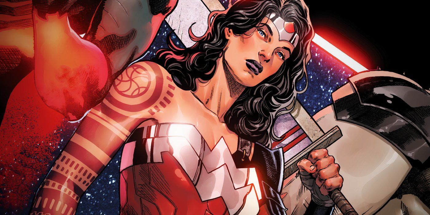 Comic book art: Absolute Wonder Woman holds her massive sword on her shoulder.