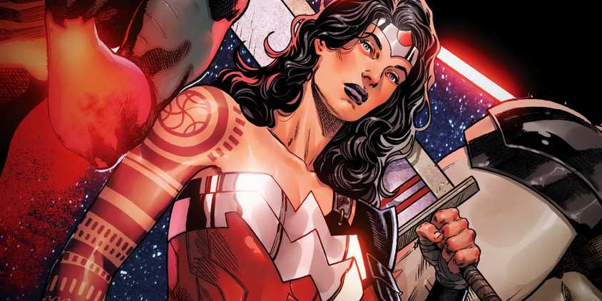 Comic book art: Absolute Wonder Woman holds her massive sword on her shoulder.