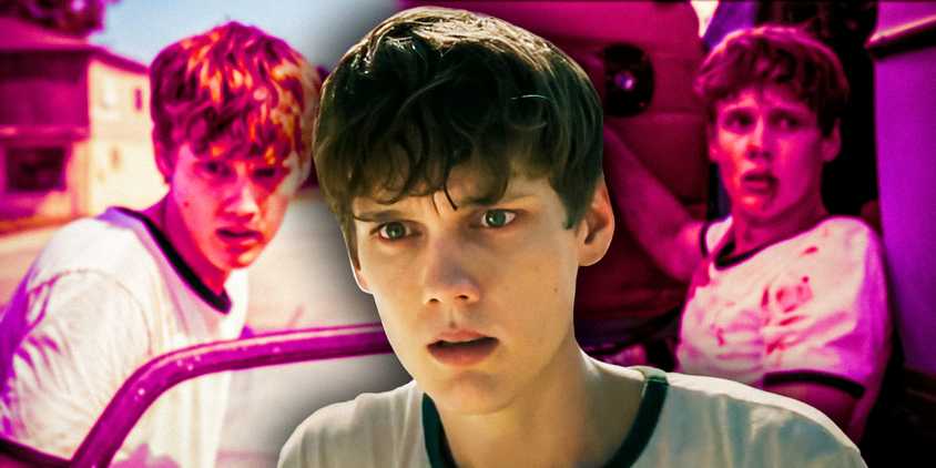 Hunter Doohan as Adam Desiato in Your Honor looking scared with images of his hit-and-run in the background