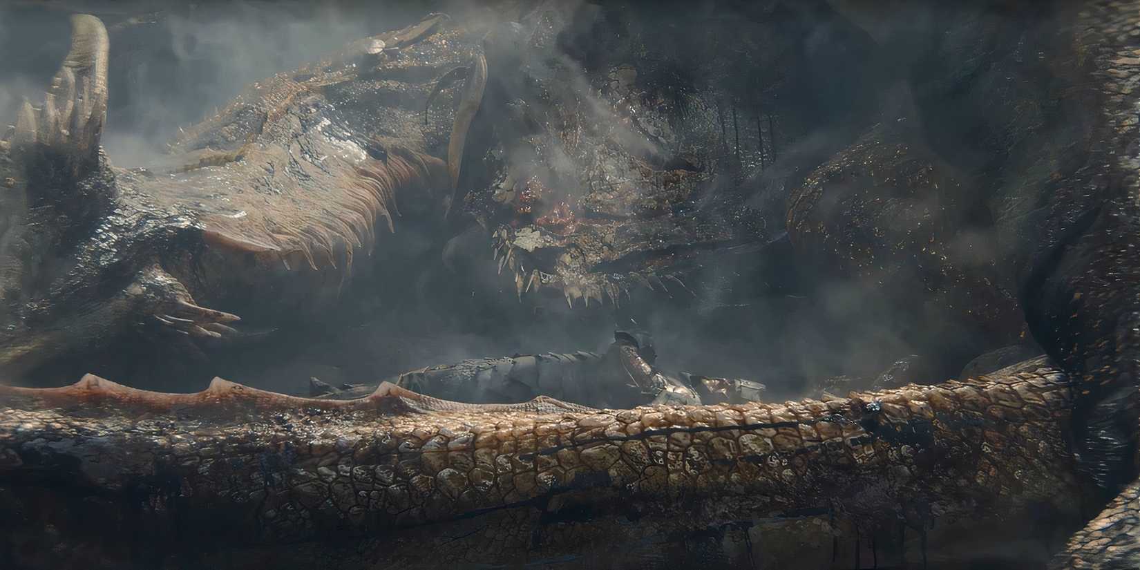 Aegon and Sunfyre lying badly injured and burned in House of the Dragon season 2, episode 4