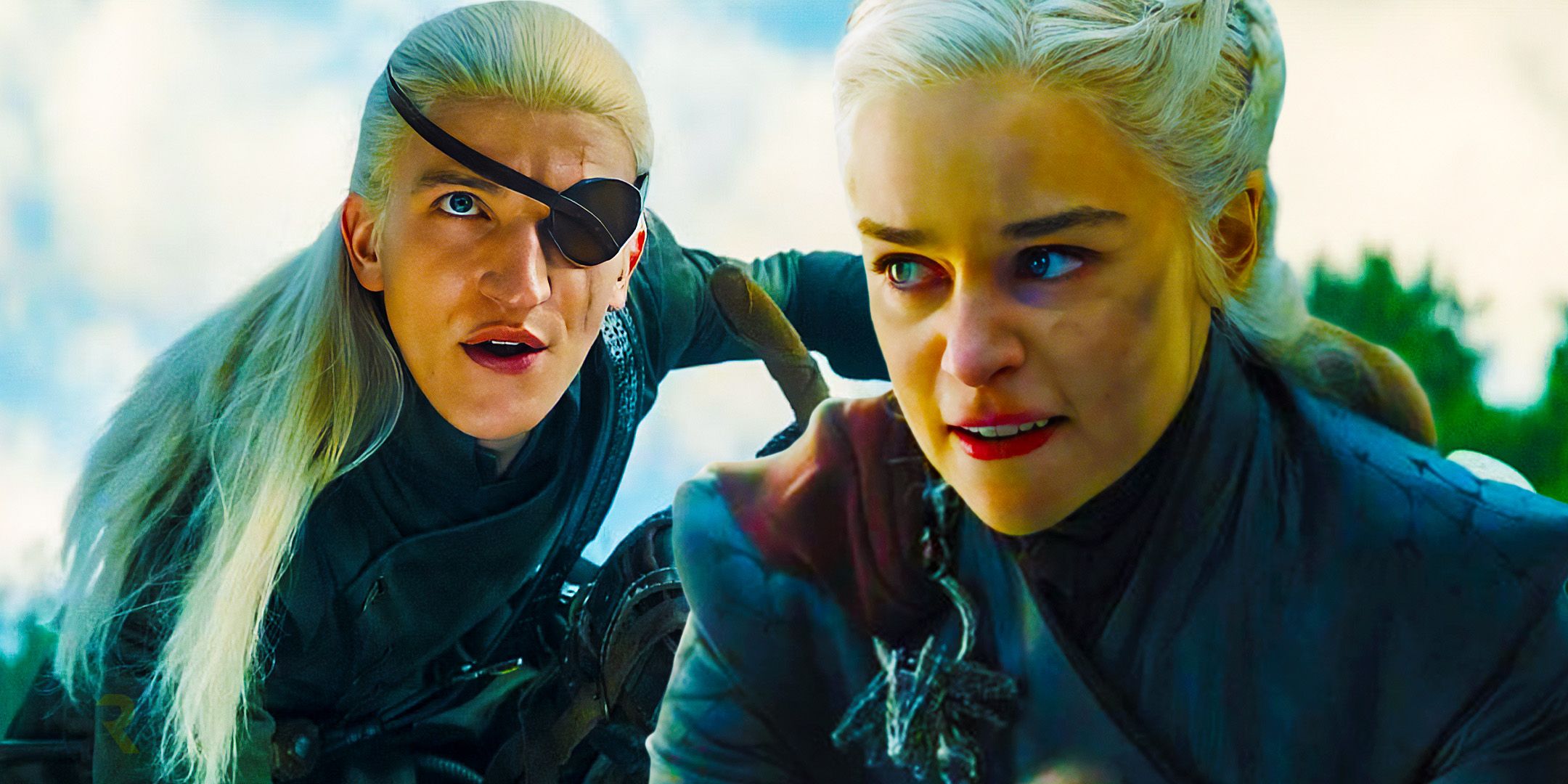 Aemond Targaryen riding Vhagar in House of the Dragon season 2 with Daenerys Targaryen riding Drogon in Game of Thrones season 8