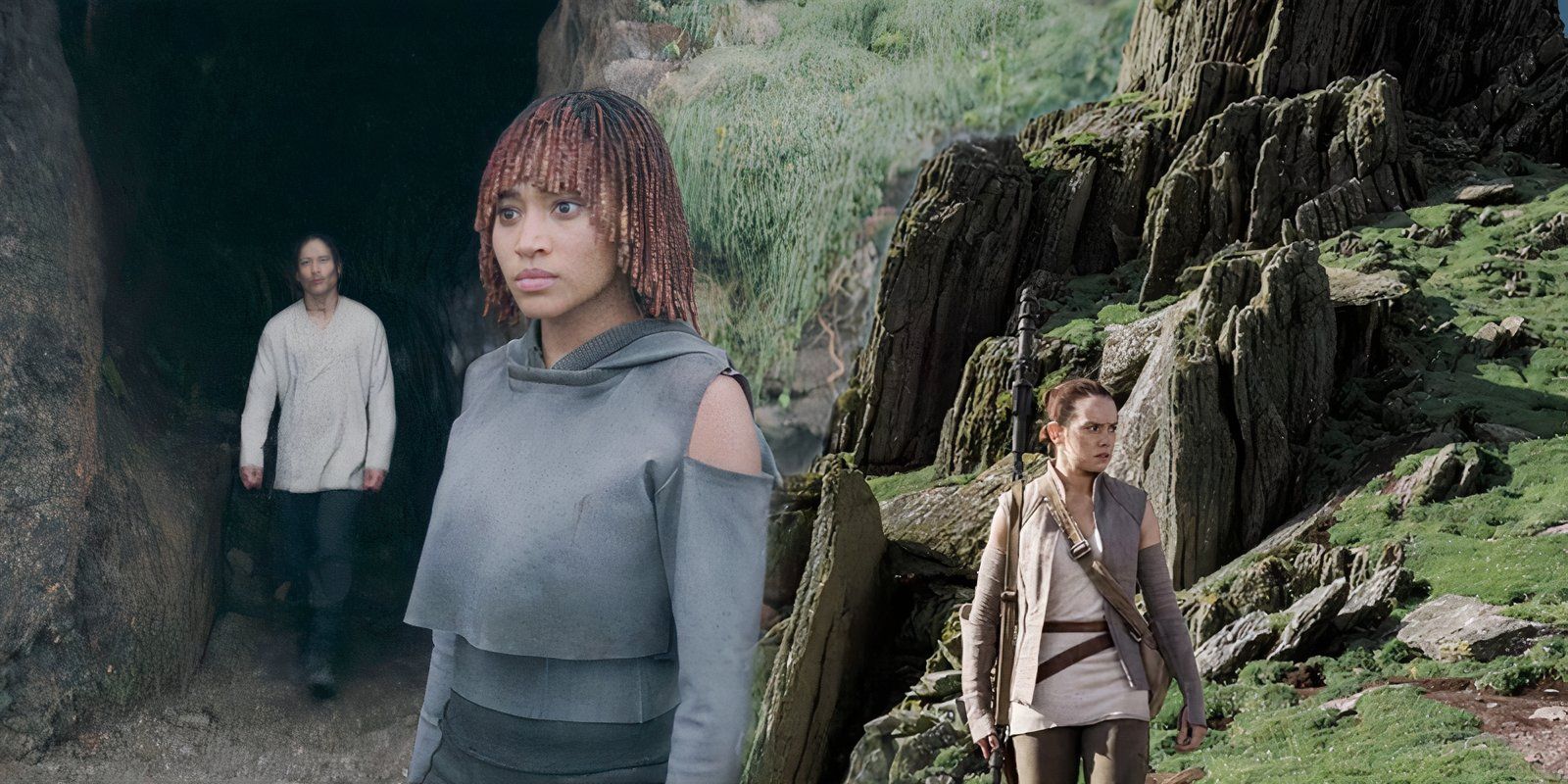 Osha Aniseya (Amandla Stenberg) and Qimir (Manny Jacinto) stand outside of a cave on an unknown planet in The Acolyte next to Rey Skywalker (Daisy Ridley) walking along the surface of Ahch-To in Star Wars: The Last Jedi