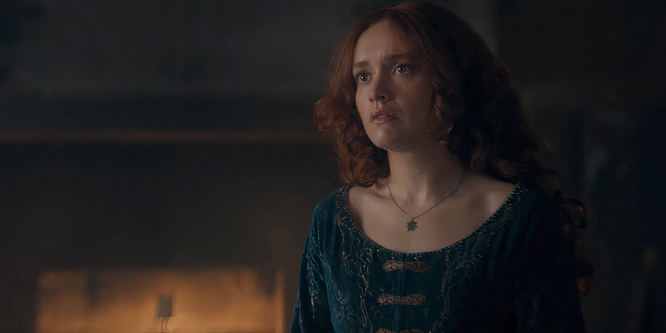 Alicent Hightower (Olivia Cooke) in a blue-green dress in House of the Dragon season 2, episode 4