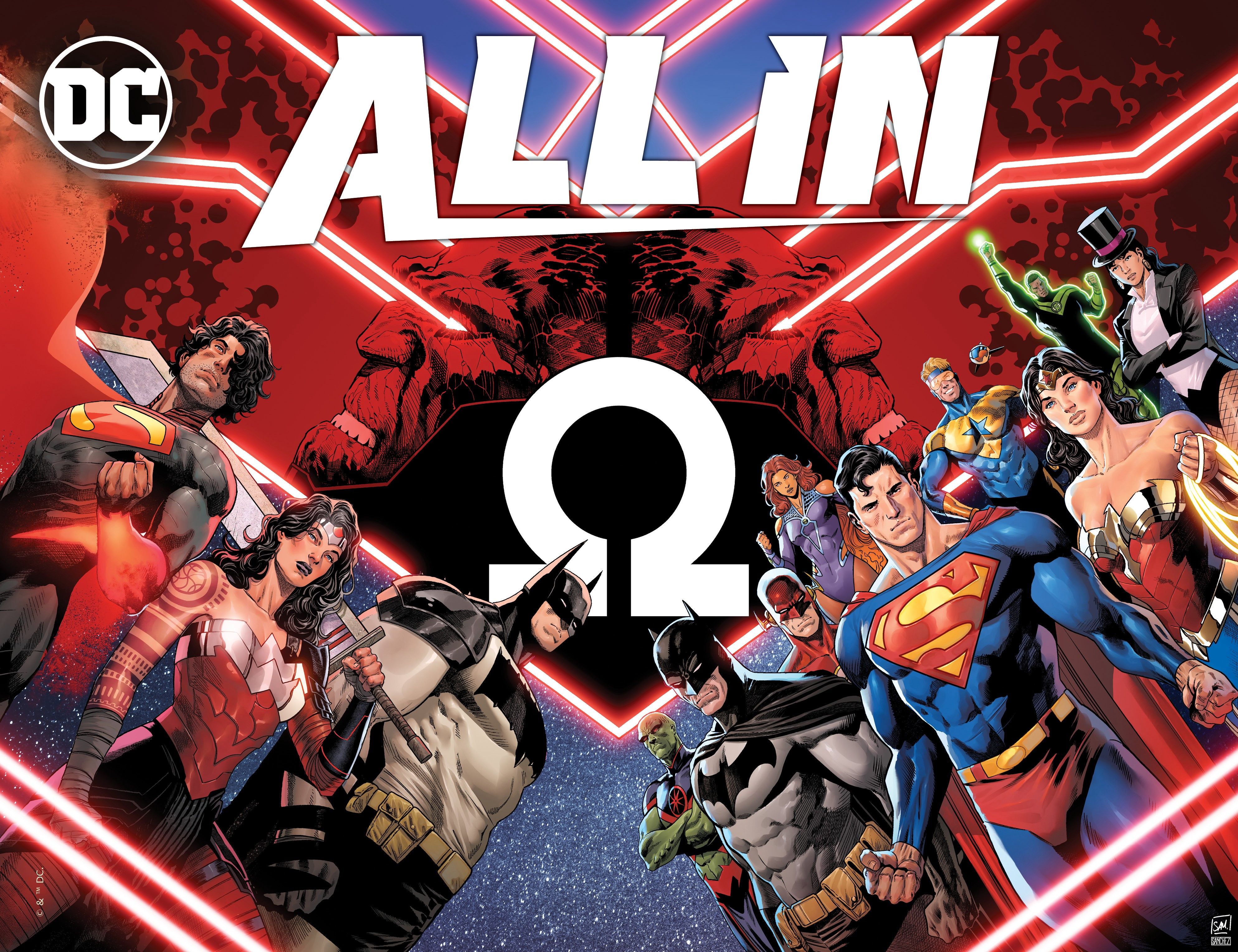 Arte de história em quadrinhos: uma imagem promocional para DC All In apresentando a Liga da Justiça e a Trindade do Universo Absoluto.