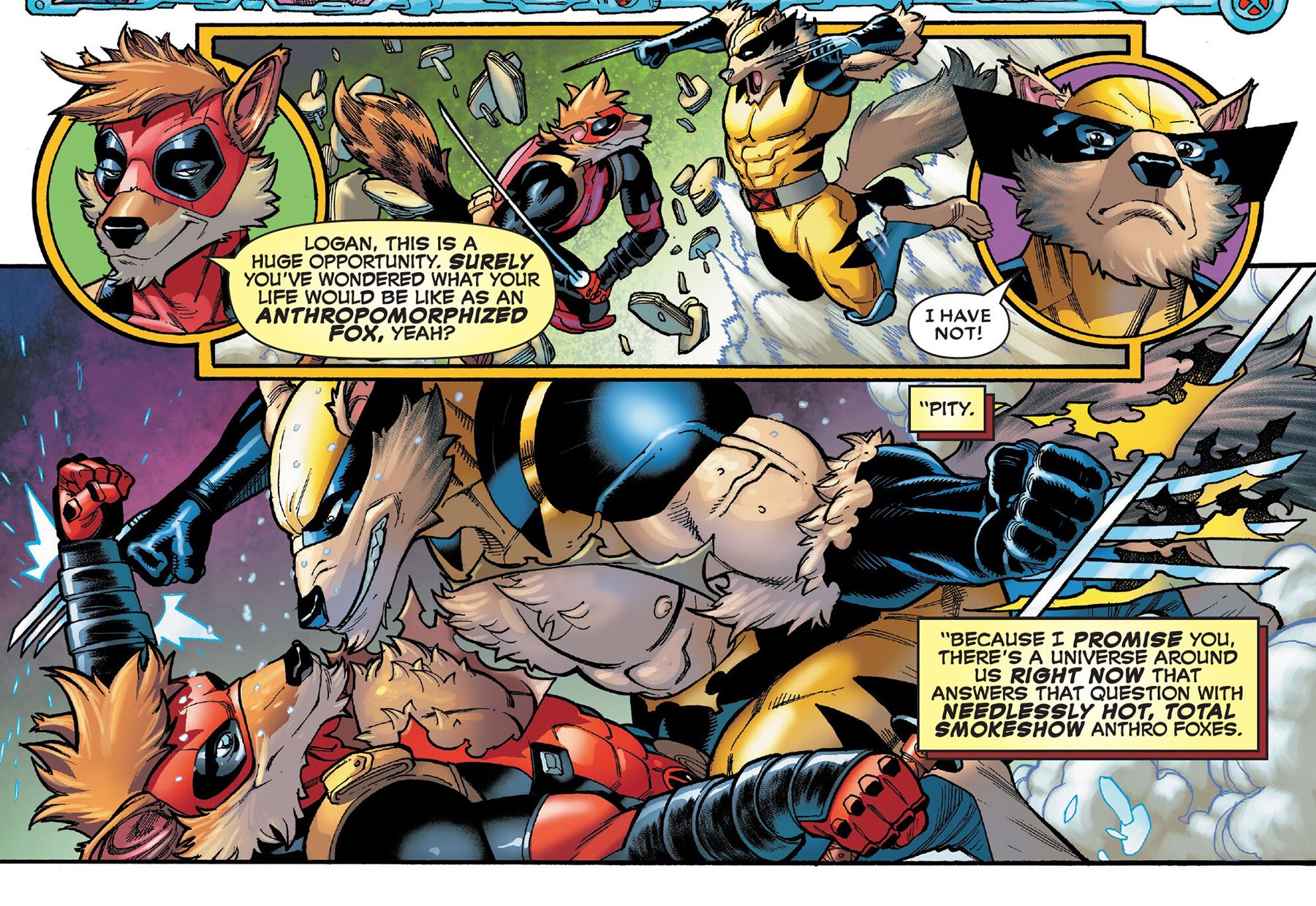 Versões peludas antropomorfizadas de Deadpool e Wolverine lutam entre si.