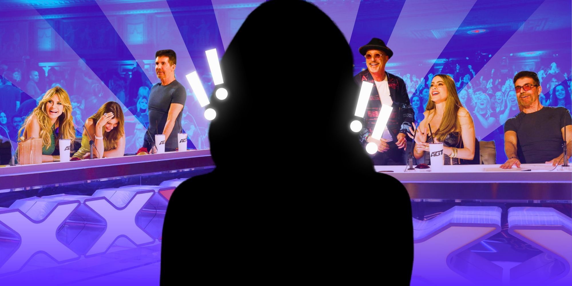 Os juízes da AGT Heidi Klum, Sofia Vergara, Howie Mandel e Simon Cowell reagem, com uma figura misteriosa em primeiro plano.