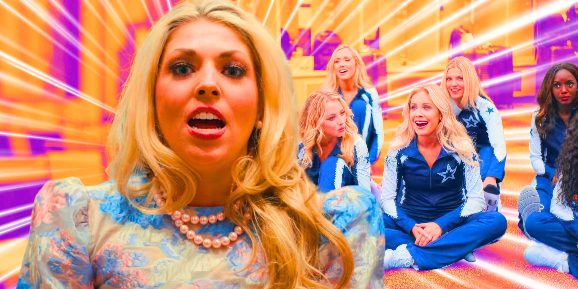 America’s Sweethearts: Dallas Cowboys Cheerleaders cast members appear shocked in a group photo.