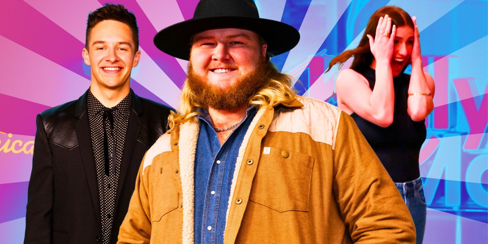 American Idol&rsquo;s Jack Blocker and Will Moseley smile, and Abi Carter holds her head in excitement.