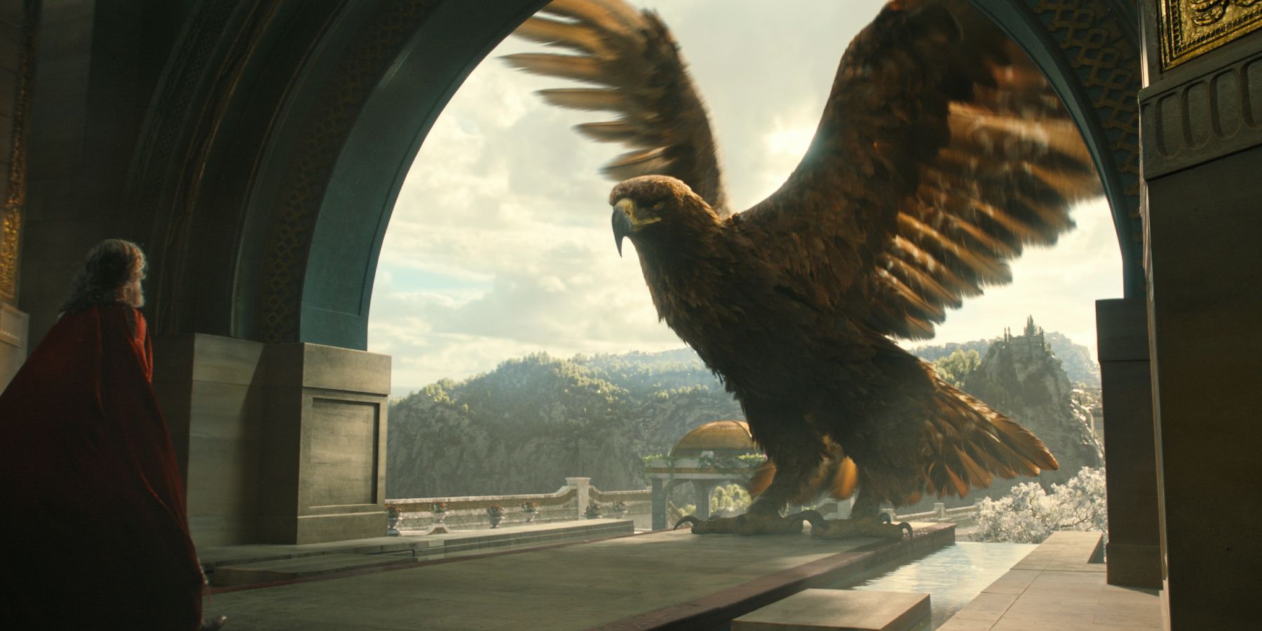 An Eagle landing on a platform in The Lord of the Rings The Rings of Power season 2