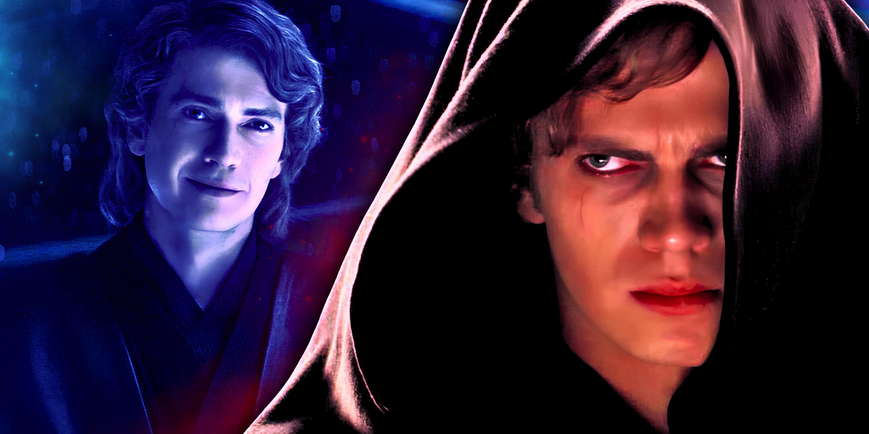 Anakin Skywalker smiling in Ahsoka to the left and Anakin looking up angrily from under his hood in Revenge of the Sith to the right in a combined image