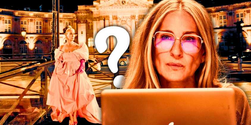 An orange-toned custom image of Carrie writing on her computer and walking in a couture dress in Paris